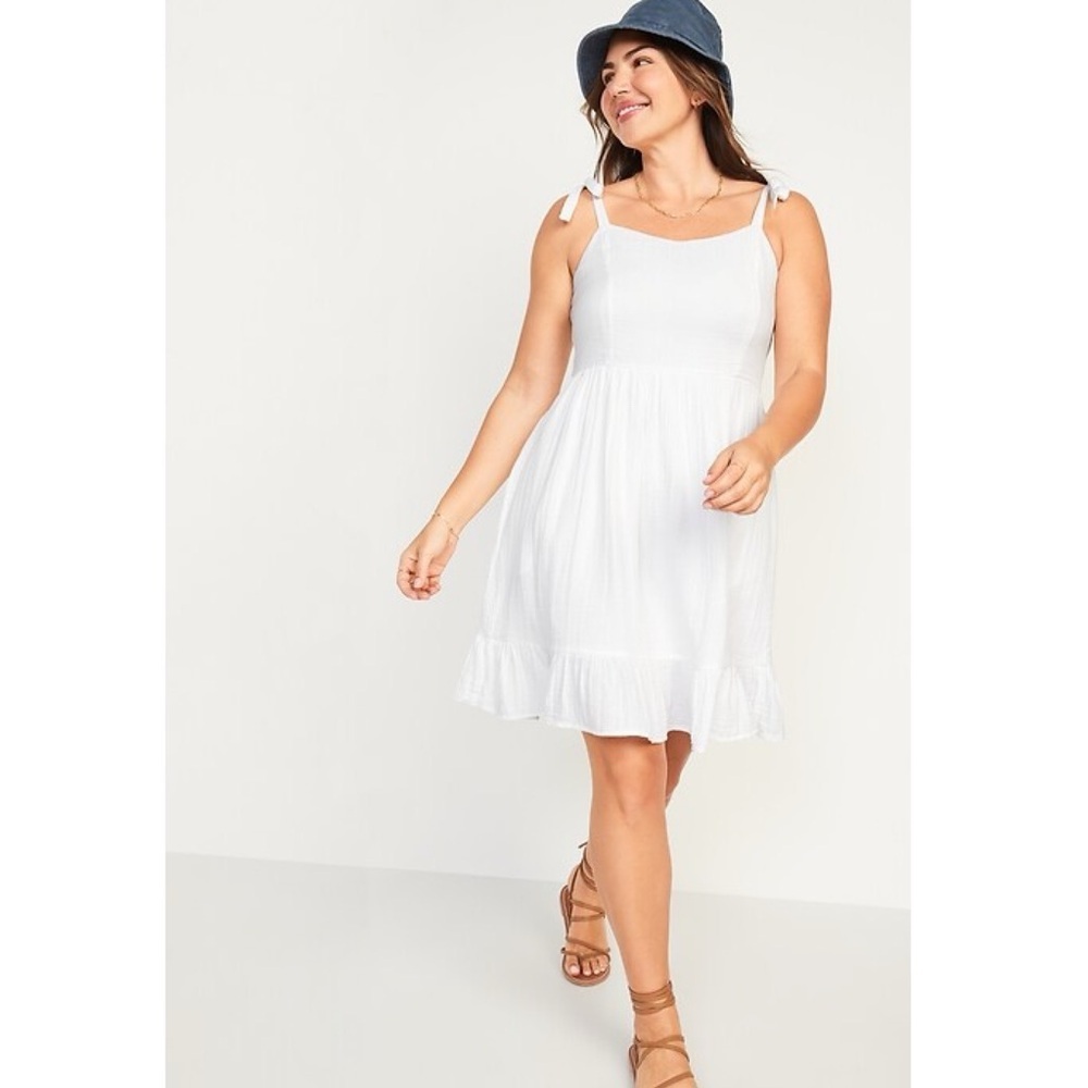 Old Navy White Cotton Gauze Tie-Shoulder Fit & Flare Mini Dress XL Pockets